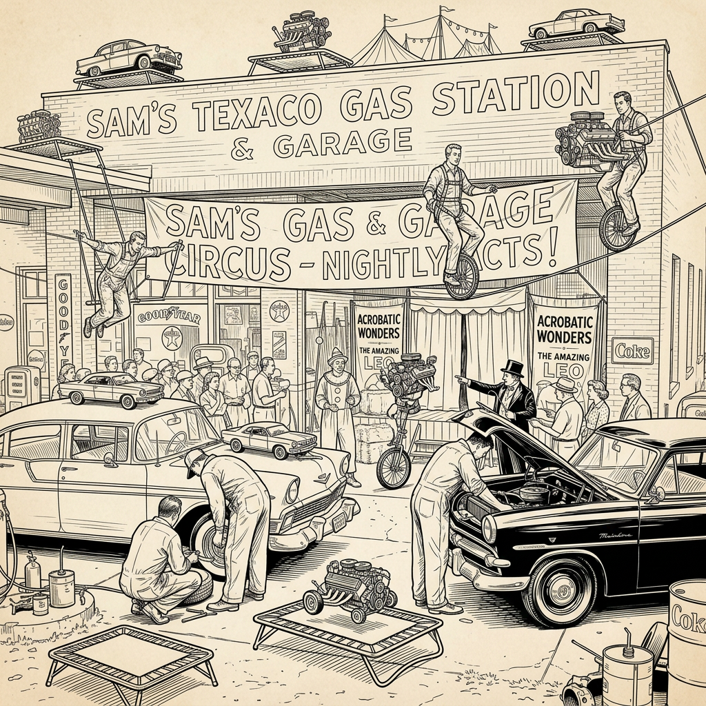 1950s gas station with circus act, spectators, mechanics, and classic cars