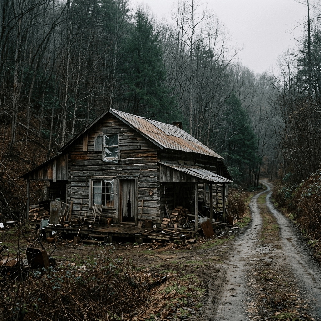 Weathered wooden cabin beside a muddy road in a misty forest