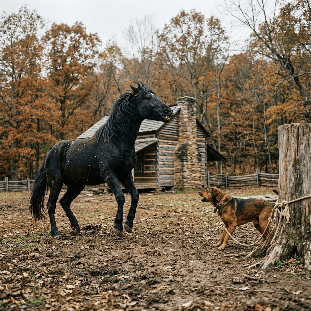 Black horse rearing near a tethered dog outside a rustic log cabin