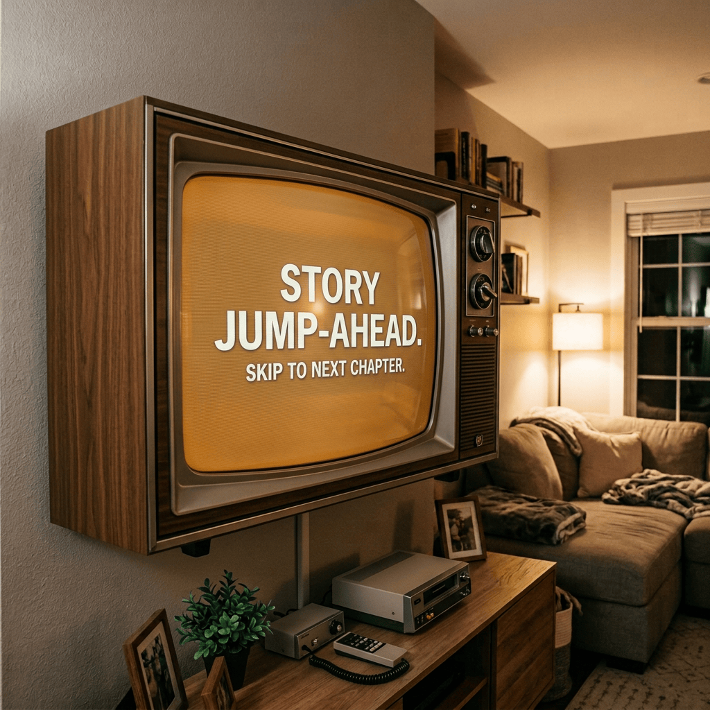 Television displaying “STORY RESUMPTION” with “RESUME STORY” and “RESTART SCENE” options