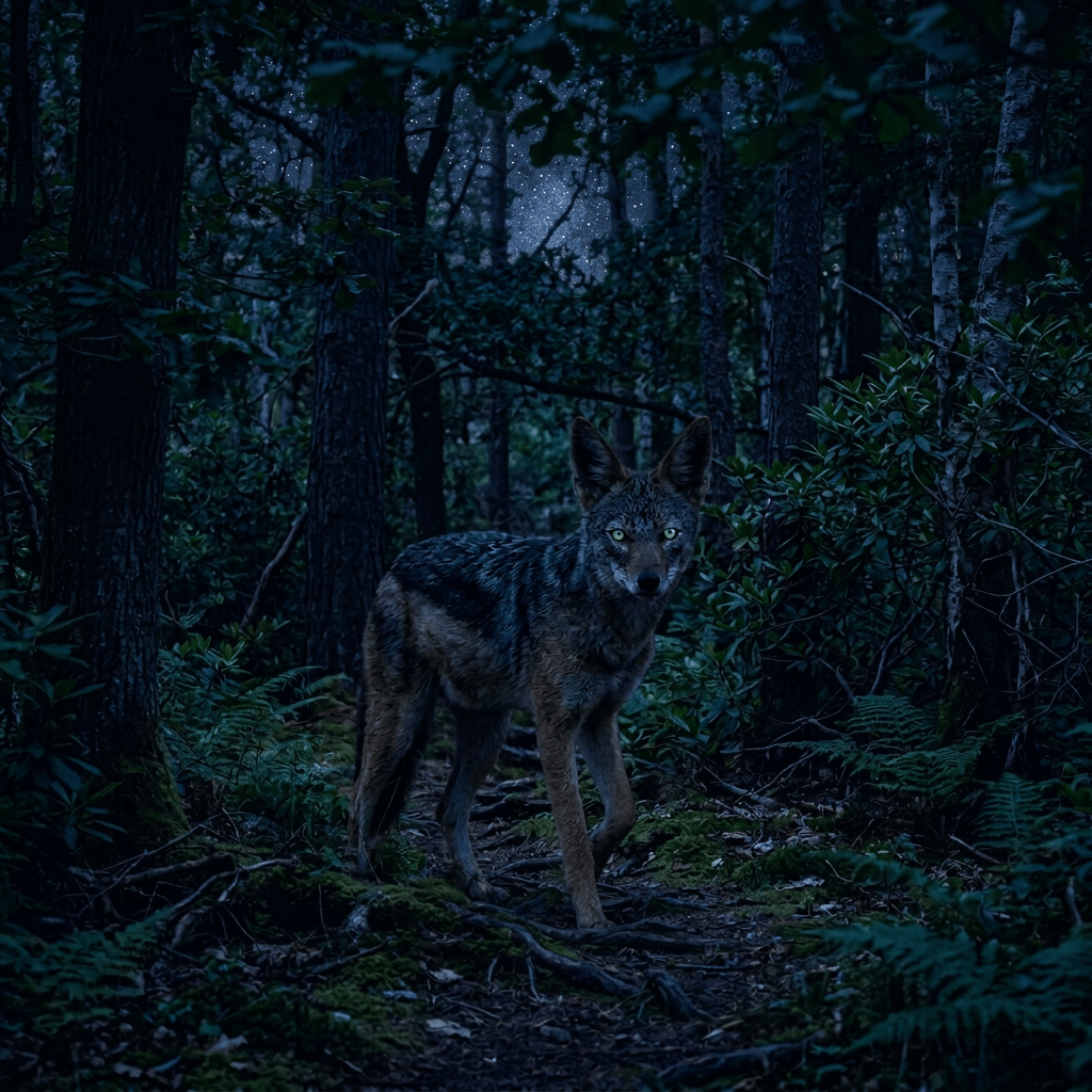 Jackal standing in dry grassland beneath a colorful dusk sky