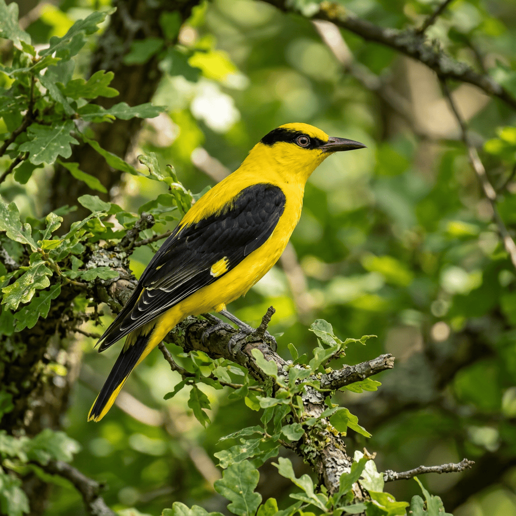 Golden-yellow oriole with black wings perched on a leafy branch