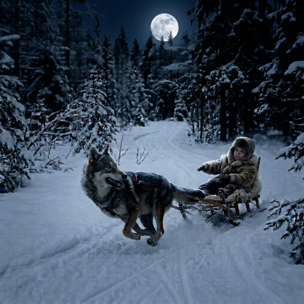 Winter sled ride through snowy forest Child in fur clothing riding a sled pulled by a wolf through snowy forest
