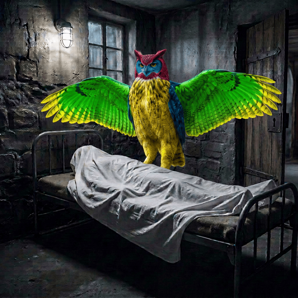 Large owl standing beside a sleeping man in a warmly lit bedroom