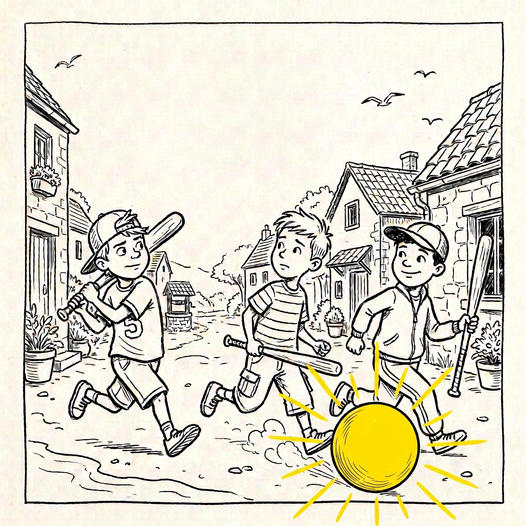 Children playing beach baseball together Three children running on a beach with baseball bats and smiling sun