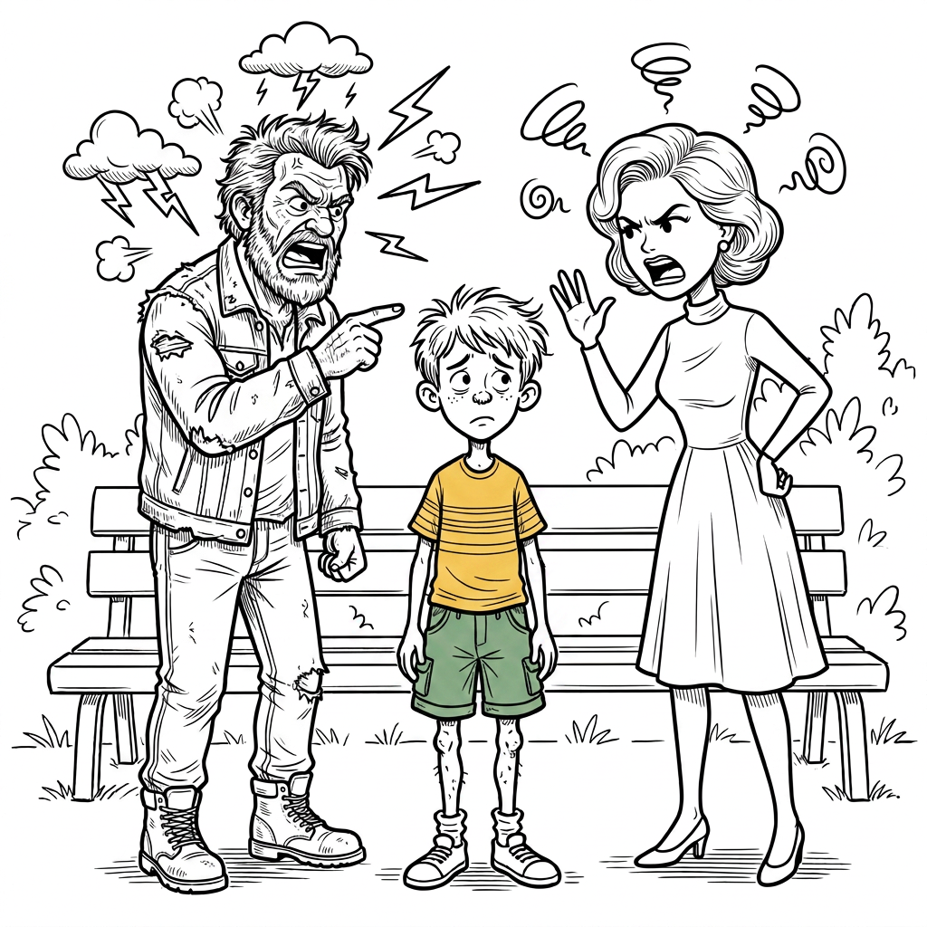 Family Portrait In Vintage Garden Setting Grandparents standing with a worried child in a garden