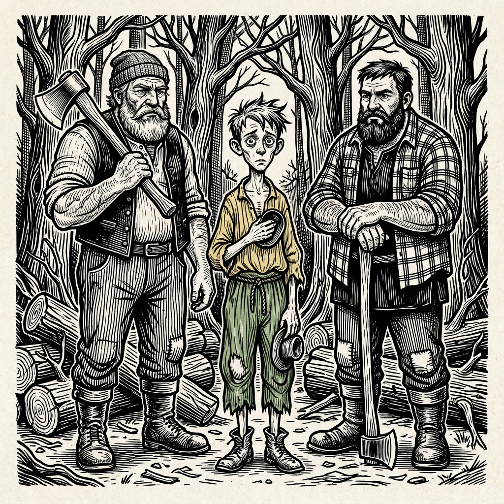 Woodcut-style trio in a forest clearing Two bearded woodsmen stand with a tired child in a forest clearing