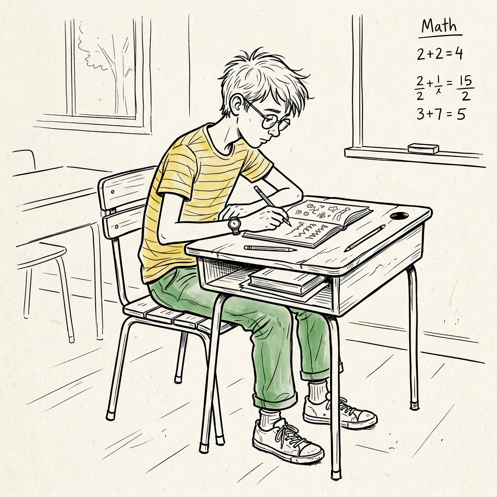 Student Practicing Math at Classroom Desk Student writing math exercises at a classroom desk