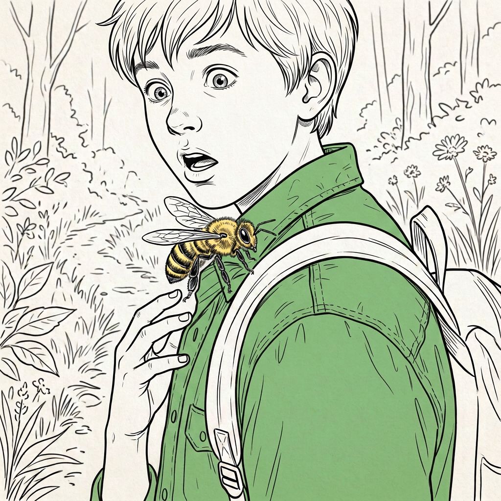 Nature Explorer Encountering a Curious Bee Bearded hiker in a meadow with a bee on his shoulder