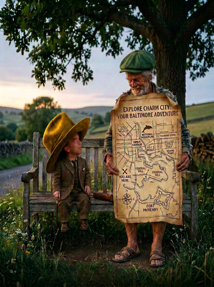 Street Encounter Amid Urban Community Notices Tall man wearing flyer-covered clothing speaks with child in oversized hat