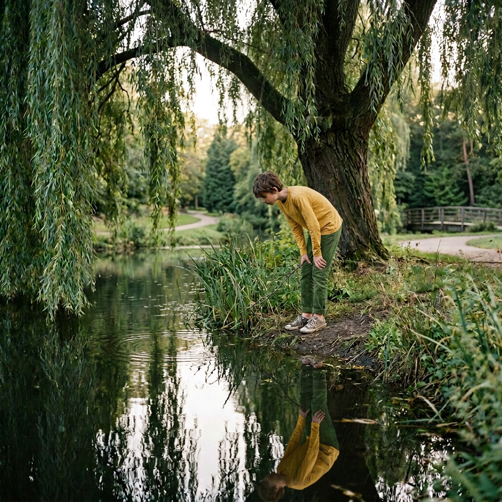 Quiet Moment Beside the Garden Pond Person bending beside a pond beneath a willow tree