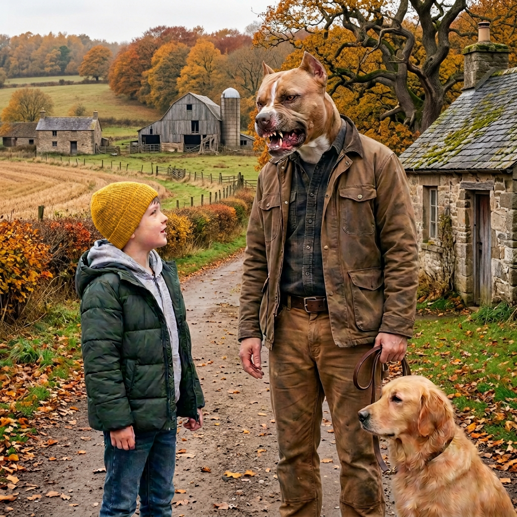 Autumn walk with a child and dogs Child beside dog-headed adult and golden retriever on autumn path